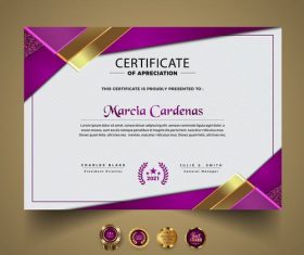 Purple and gold border decoration certificate vector