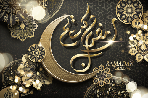 Ramadan kareem card with arabic and glossy crescent vector