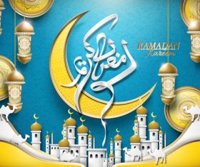 Ramadan kareem poster with arabic glossy crescent vector