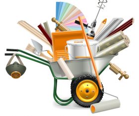 Wheelbarrow with painting tools vector