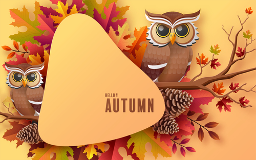 Autumn leaves and owl background cartoon illustration vector