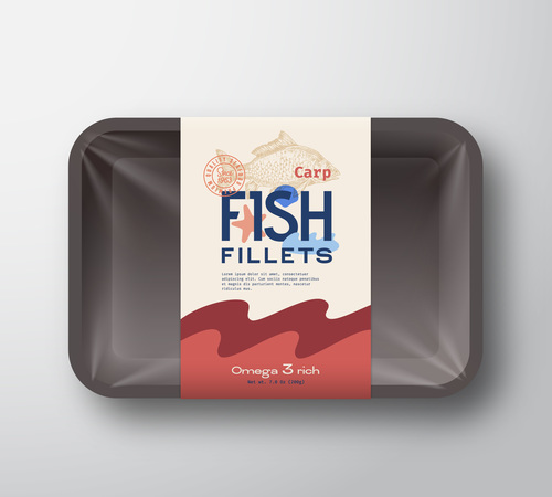 Carp fish fillets canned label design vector