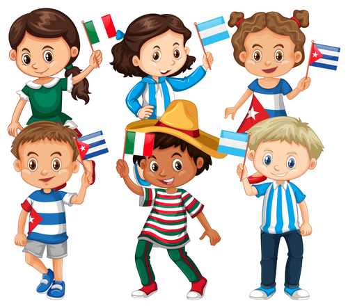 Children cartoon vector waving flags of different countries