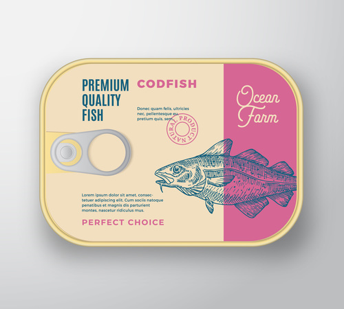 Codfish canned food packaging container vector