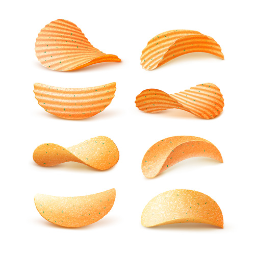 Different flavors potato chips close-up vector