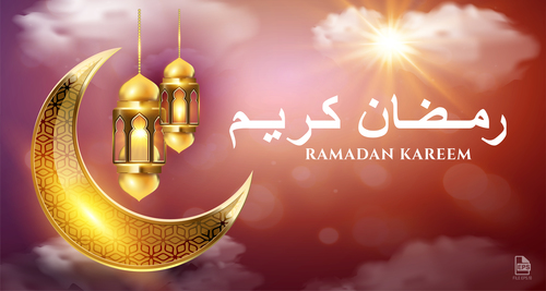 Golden crescent moon background Ramadan kareem card vector