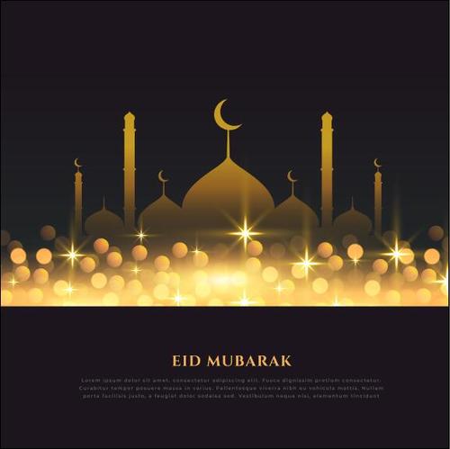 Golden mosque Eid mubarak card vector