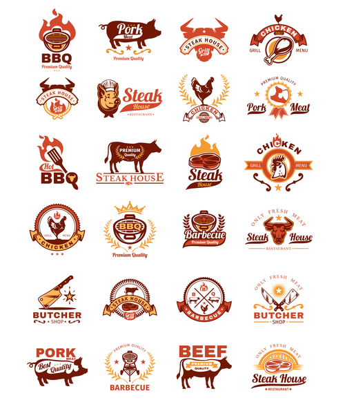 Grill barbecue badges stickers emblems vector