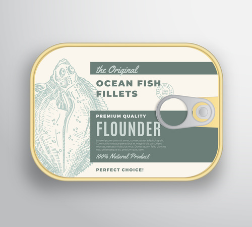 Ocean fish fillets canned packaging container vector