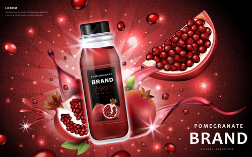 Pure natural pomegranate fresh juice advertising vector