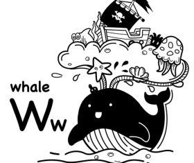 Whale english word cartoon illustration vector