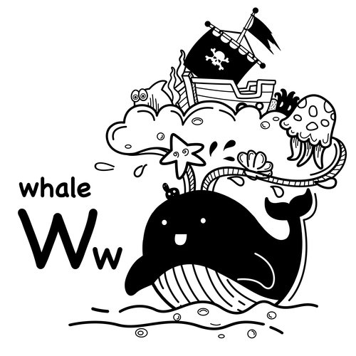 Whale english word cartoon illustration vector