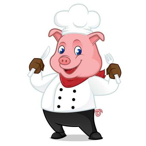 Chef pig cartoon illustration vector holding fork and knife