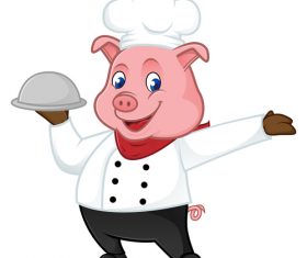 Happy pig waiter cartoon illustration vector