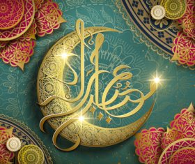 Islamic golden crescent and font card vector
