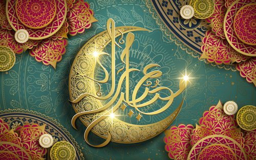 Islamic golden crescent and font card vector