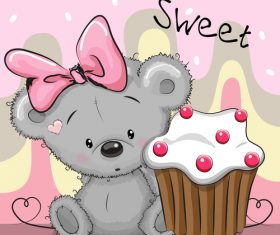 Little bear with cake cartoon illustration vector