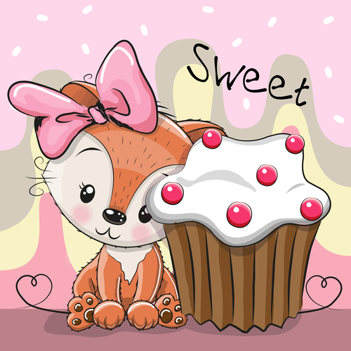 Little fox who likes cake cartoon illustration vector