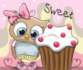 Owl and cake cartoon illustration vector