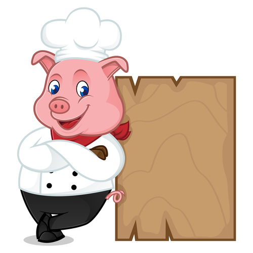 Pig chef leaning on wooden plank cartoon illustration vector