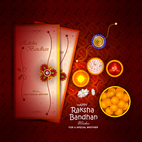 Raksha bandhan card and decorative items vector