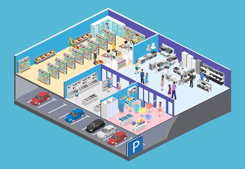 Supermarket and parking lot illustration vector