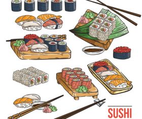 Sushi ingredients set in simple sketchy style. Salmon, tuna, shrimps,  avocado, nori, caviar, cucumber, scallions, rice. 17765438 Vector Art at  Vecteezy