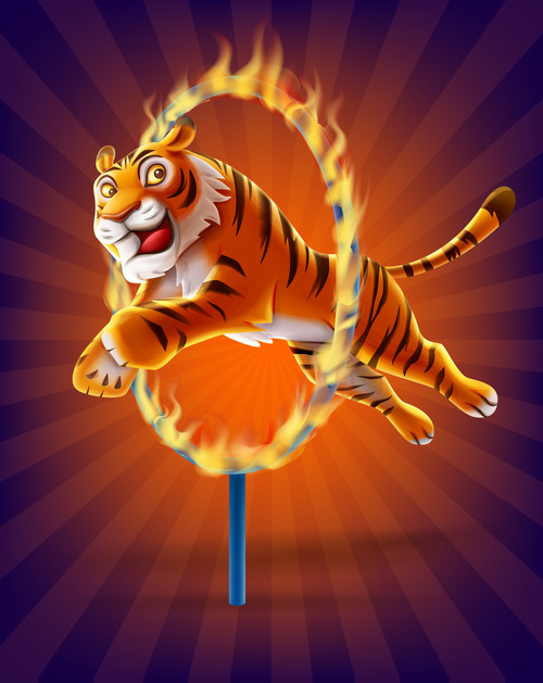 Tiger jumping through fire ring circus performance vector