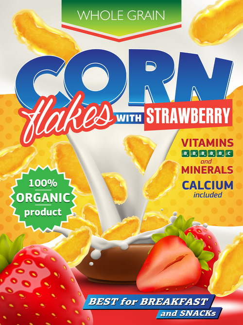 Whole grain corn strawberry advertising flyer vector