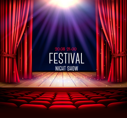 festival background with red curtain and wood floor vector