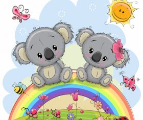 2 little bears sitting on the rainbow cartoon illustration vector