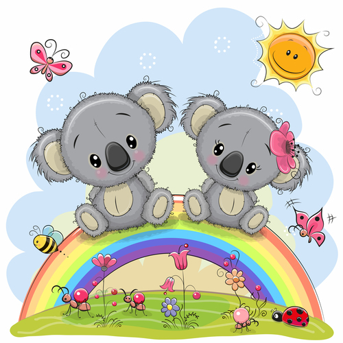 2 little bears sitting on the rainbow cartoon illustration vector