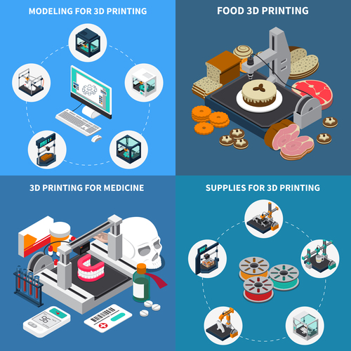 3D design and printing isometric vector