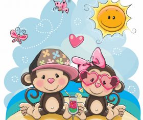 Beach monkey couple cartoon illustration vector