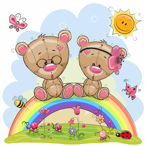 Cartoon Illustration Vector of Teddy Bear Sitting on Rainbow