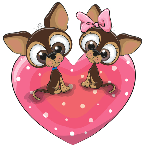 Cartoon illustration of two dachshunds sitting on a heart pattern vector