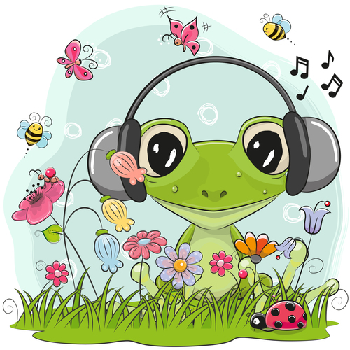 Frog wearing headphones in the wilderness vector