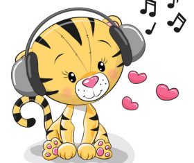 Listening to music little lion cartoon illustration vector