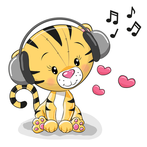 Listening to music little lion cartoon illustration vector