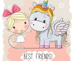 Little girl and unicorn cartoon vector