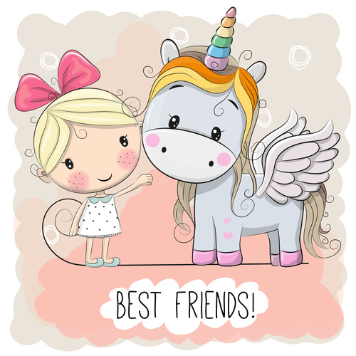 Little girl and unicorn cartoon vector