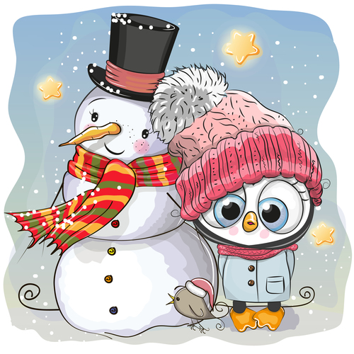 Owl and snowman cartoon vector