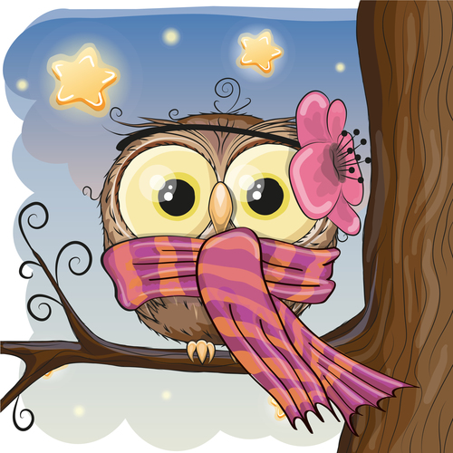 Owl cartoon vector wearing scarf on tree branch