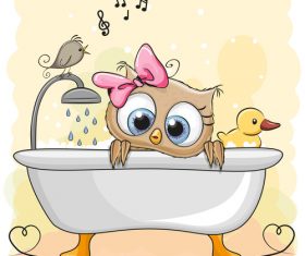 Owl in the bathtub cartoon illustration vector
