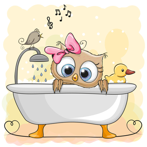 Owl in the bathtub cartoon illustration vector