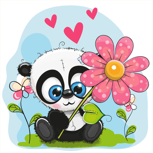 Panda vector sitting on the grass holding flowers