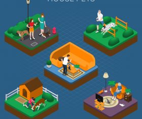 People with pets isometric composition vector