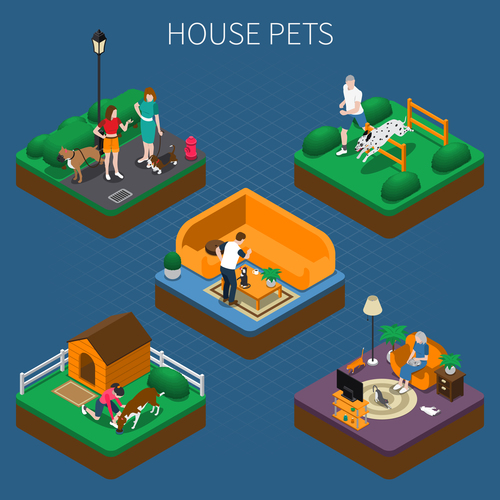 People with pets isometric composition vector