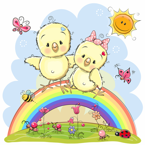 Two little chickens standing on the rainbow cartoon illustration vector