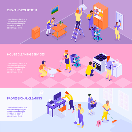 isometric cleaning service horizontal banners vector